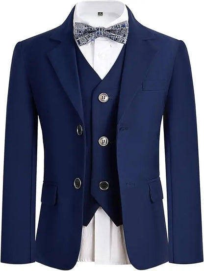 Gentleman Kids Blue 4Piece/Set Jacket Vest Pants Bowtie Photograph Suit Boys Piano Dress Children Graduation Performance Costume