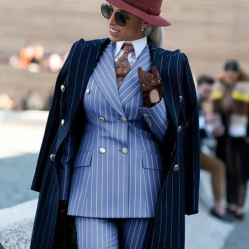 Formal Women's Burgundy Pinstripe Suit with Navy Blue Striped Coat Double Breasted 3Piece Set Elegant Evening Party Outerwears