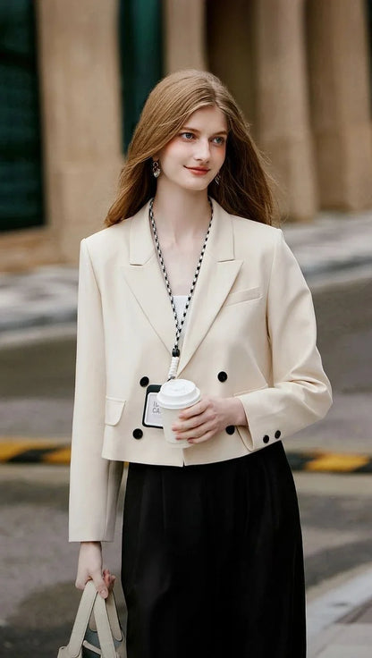 Premium Solid Color Women's Petite Double Breasted Short Blazer 2025 Fall New Arrival High Quality Fashion Office Wear Youthful
