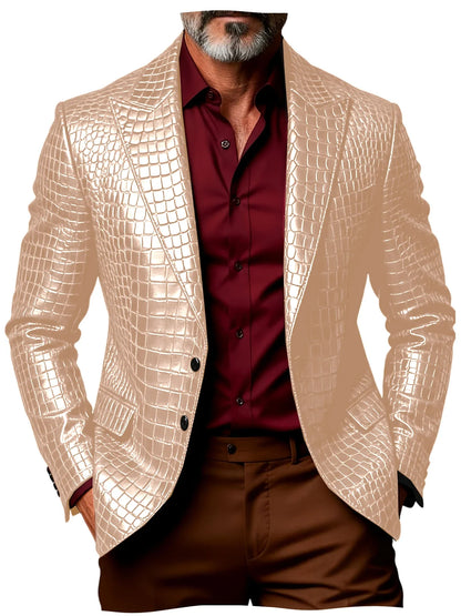 Luxury Men's Crocodile Pattern PU Leather Blazer Notch Lapel Single-Breasted 2 Button Slim Fit Jacket Business Casual for Man