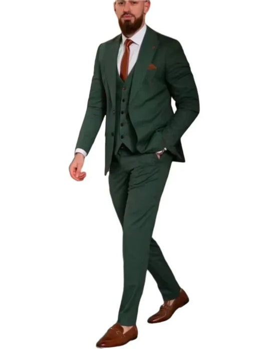 Dark Green Men's 3 Pieces Wedding Suit Single Breasted Peak Lapel Blazer Vest Pants Business Groom Dinner Daily Groom Tuxedos