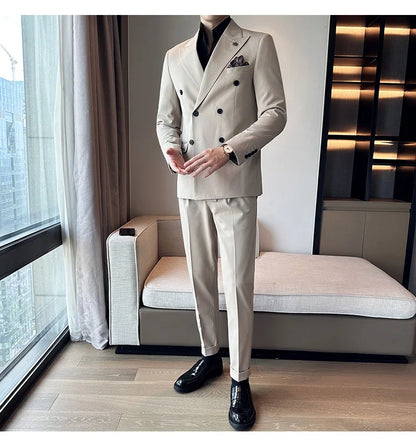 (Blazer + Trousers) Fashion Double Breasted Design Slim Men's Suit Italian Style Luxury Wedding Social Party Tuxedo 2 Piece Set