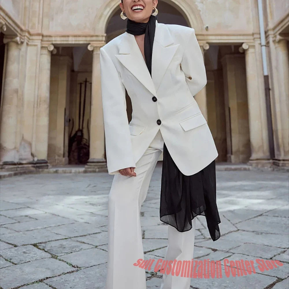 Elegant Slim Fit Women's Jacket Pants Sets Single Breasted Peaked Lapel Suit Daily Streetwear Formal Business Office Lady Outfit