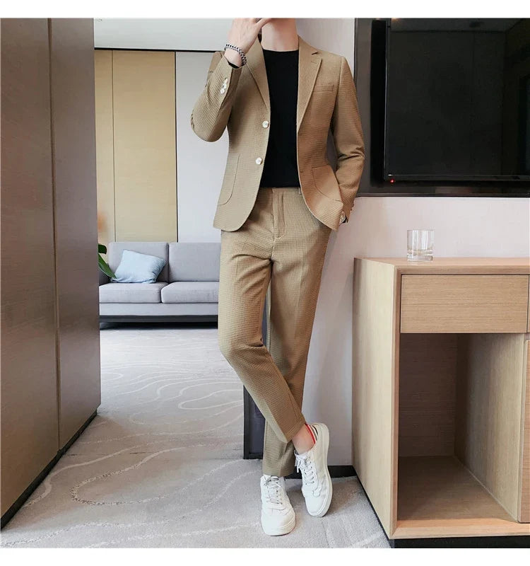 2025 New Waffle Blazers +Pant 2 Piece Set Men Fashion Business Slim Fit Solid Tuxedo Groom Wedding Prom Wear Casual Men's Sets