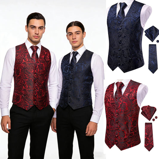 Men's Jacquard Floral Vest and Tie Set for Weddings and Banquets