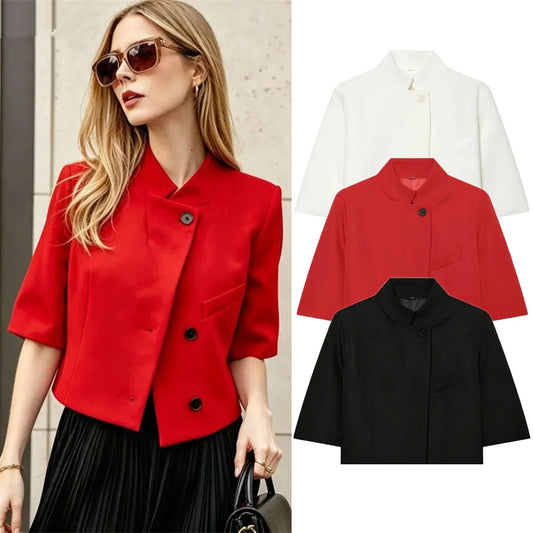 Ladies Commute Short Sleeve Blazer Women Summer Elegant Stand-up Collar Short Blazer New Trendy High Street Casual Blazer Female