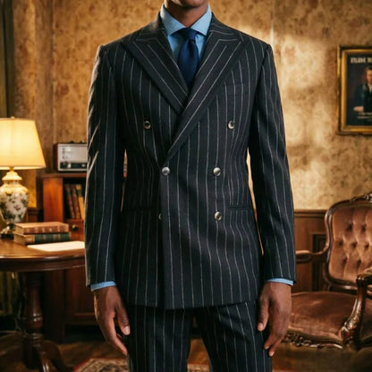 Mens Black stripe Double Breasted 2 Piece Slim Fit Wedding Tuxedo Tailored Groom Formal Blazer Pants Prom Party Office Wear
