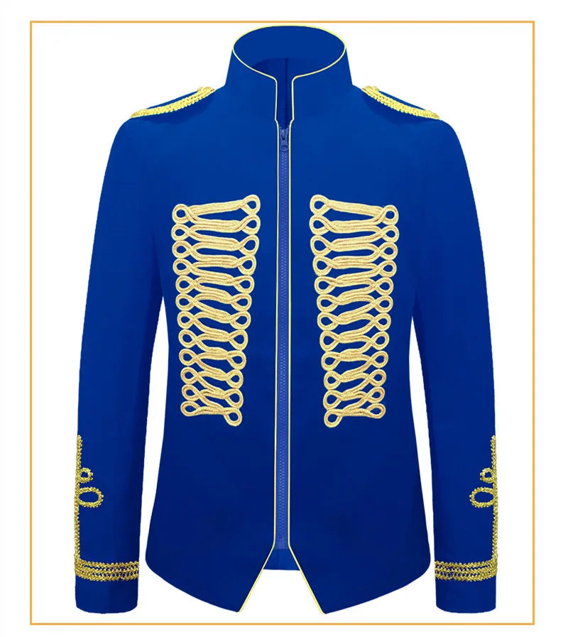 Men's European Style Stand Collar Zipper Blazer Golden Rope Detail Cosplay Middle Ages Tuxedo for Stage Performances And Parties