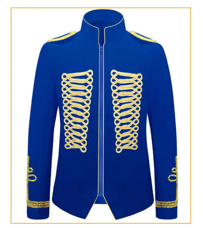 Men's European Style Stand Collar Zipper Blazer Golden Rope Detail Cosplay Middle Ages Tuxedo for Stage Performances And Parties