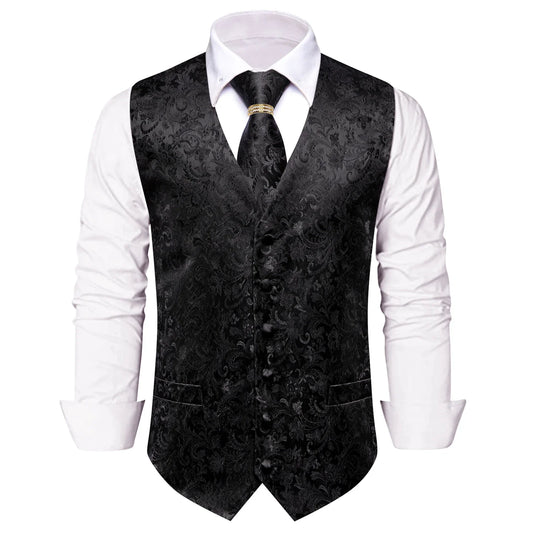 Men's Paisley Jacquard Vest 5-Piece Outfit with Tie, Pocket Square, Cufflinks & Ring – Matte Black Formal Set
