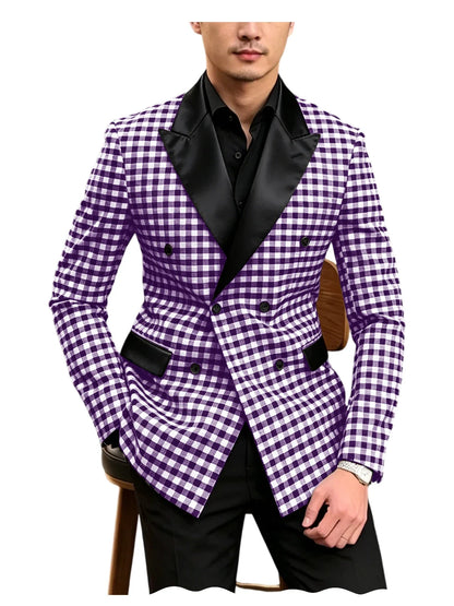 Men's Checkered Double Breasted Blazer Tailored Slim Fit Formal Jacket For Wedding Groom Cocktail Event Prom Dinner Party Coat