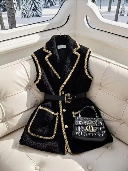 Layering Outerwear Black Lambhair Horseclip Thick Coat Sweet Office Lady Y2K Jackets Sleeveless Blazers Vest New Spring Winter