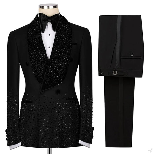 Leisure Men's Suit 2 Pieces Beads Lapel Blazer Pants Bow Collar Wedding Tuxedos Work Business Formal Customized M630