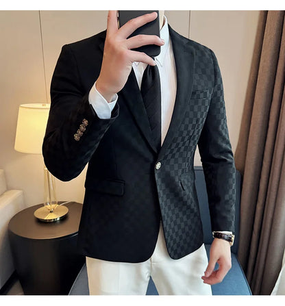 2024 Spring Plaid Blazers Men Single Breasted Casual Business Suit Jacket Fashion Slim Social Banquet Wedding Groom Dress Coats