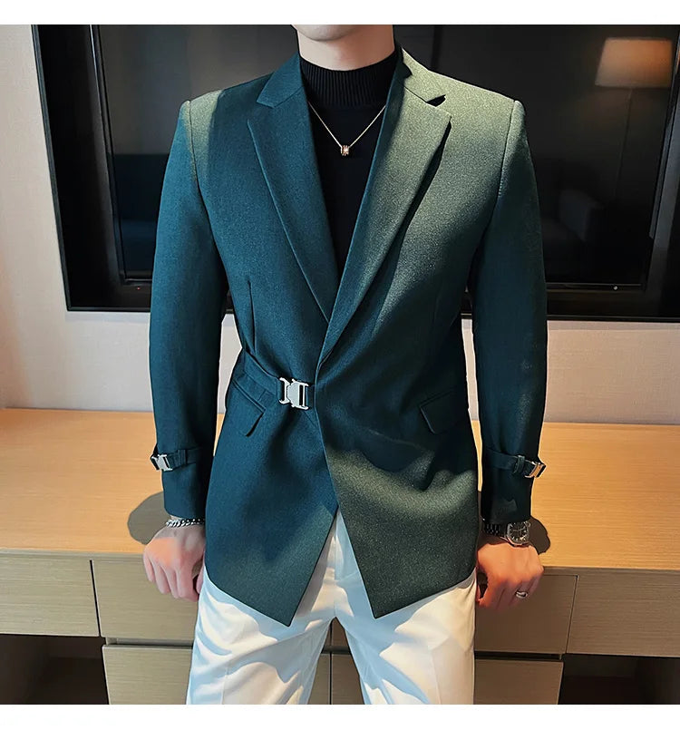 Men's Slim Fit Blazer Metal Buckle Decoration Smart Casual Wedding Party Jacket