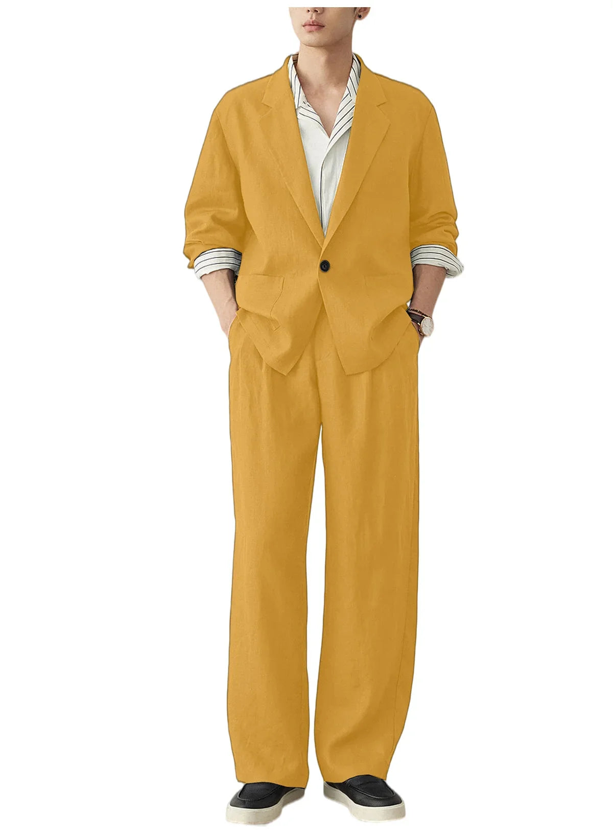 Men's Linen Blazer Suit Set Lightweight Breathable Casual Jacket Business Vacation Party Wedding Spring Summer Autumn Daily Wear