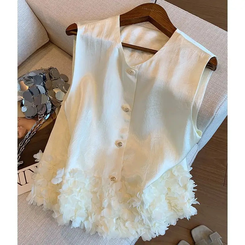 Women Vest Small Fragrance Jacket Satin Sleeveless Top Spring Summer New Fashion Temperament Petal Hem Waistcoat Female Vest