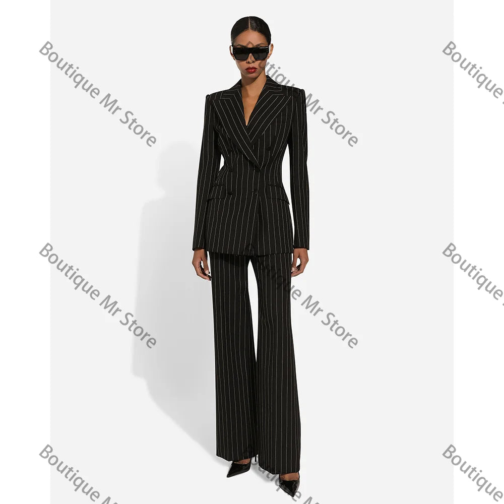 Black Stripe Double Breasted Women Blazer Sets Fashion Slim Pants Suits Custom Made Clothing