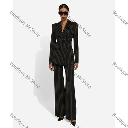 Black Stripe Double Breasted Women Blazer Sets Fashion Slim Pants Suits Custom Made Clothing