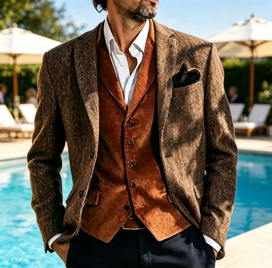 (Only Coat) Men's Suit Brown Herringbone Blazer Prom Tuxedos Wool Tweed Single Breasted Two Buttons Bussiness/Wedding Jacket