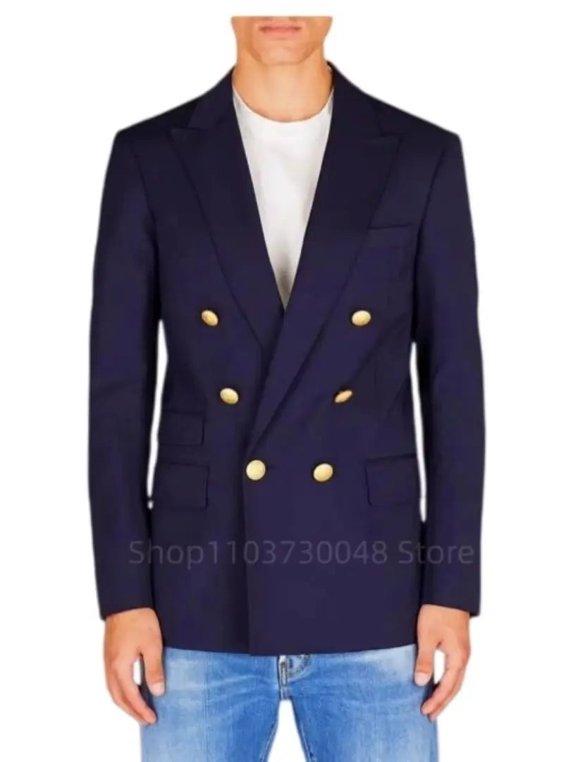 Navy Blue Slim Fit Blazer for Men Peak Lapel Double Breasted Elegant Dinner Prom Suit Jacket for Wedding/Business Only One Top