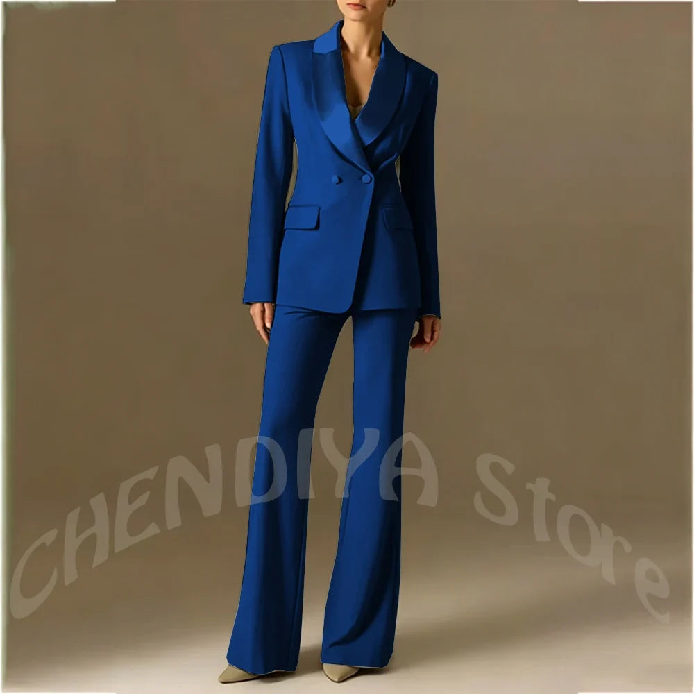 Classic Shawl Lapel Suit For Women Elegant Double Breasted Outfit Solid Color Two Piece Straight Modern Style Office Wear