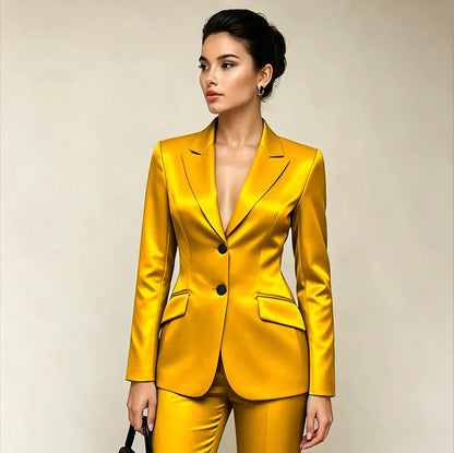 Professional Women’s Black Satin Suit Two Piece (Jacket+Pants) Set for Elegant Formal Party Office Streetwear Fashion Outfit