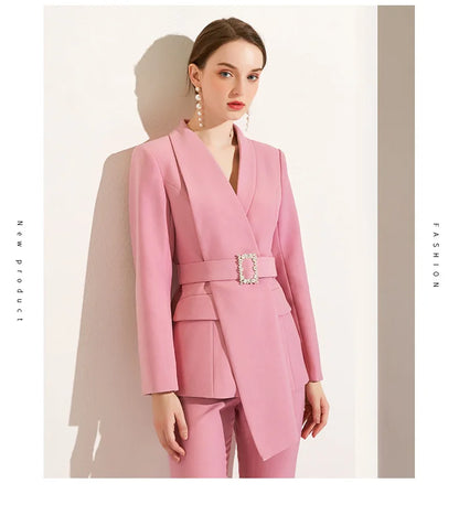 High Quality Women Belt Business Attire blazers Trousers Suits Set 2 Piece Elegant Slim Fit Pink Formal Office Lady Blazer Suits