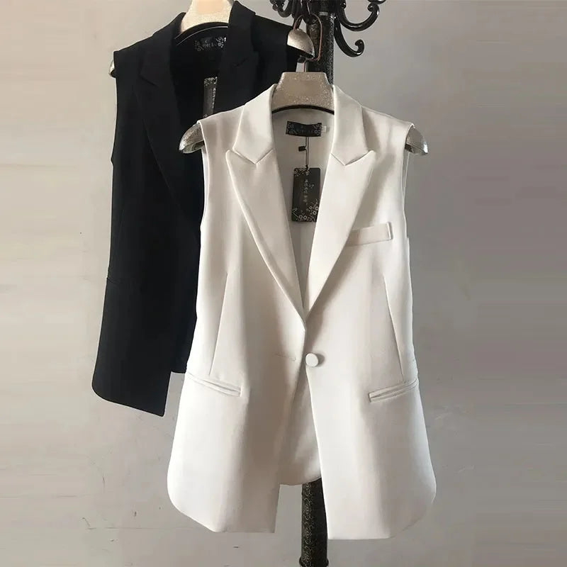 Women Fashion Solid Single Breasted Waistcoats Vest Sleeveless Jackets Female Chic Lady Tank Tops Casual Black White Top