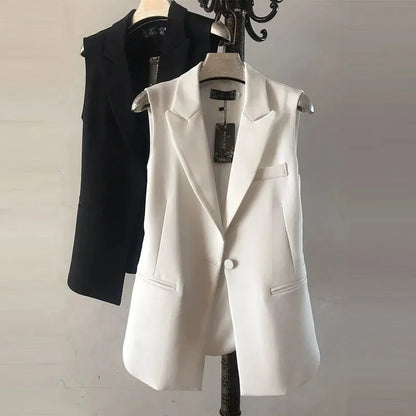 Women Fashion Solid Single Breasted Waistcoats Vest Sleeveless Jackets Female Chic Lady Tank Tops Casual Black White Top