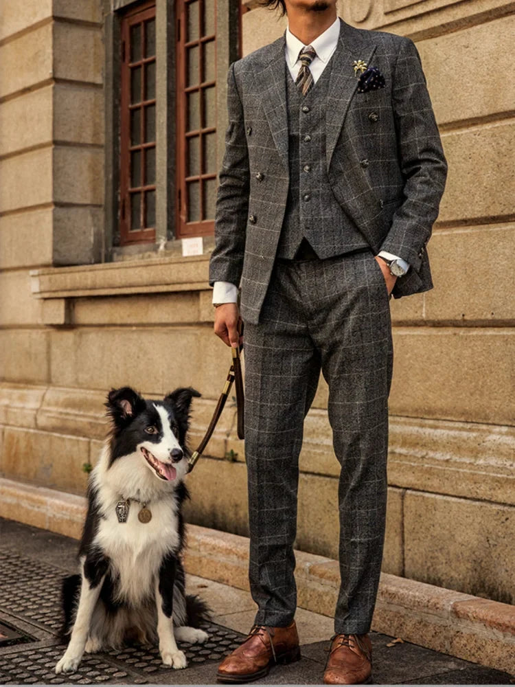Retro British Style Double Breasted Suit Jacket Men's Checkered Business Formal Suit Wedding Professional Suit