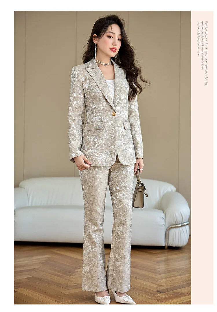 Fashion Apricot Printing Women Pant Suit Elegant Business Office Ladies 2 Piece Set Female Formal Blazer And Trouser
