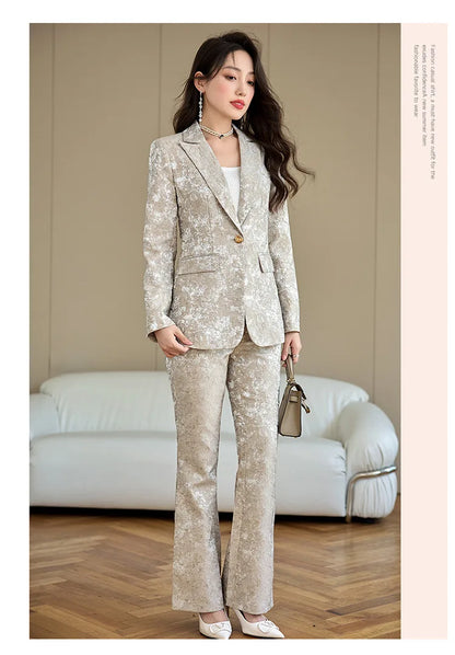 Fashion Apricot Printing Women Pant Suit Elegant Business Office Ladies 2 Piece Set Female Formal Blazer And Trouser