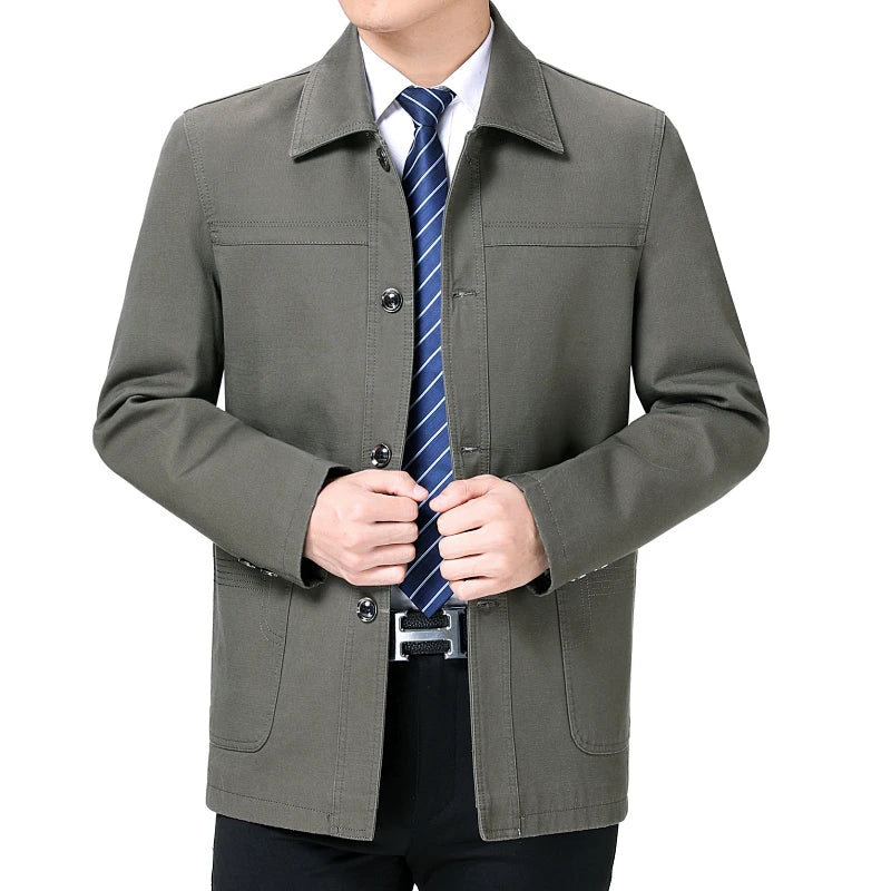 Men's Middle-Aged Cotton Jacket Spring Autumn Lapel Trench Coat Large Size with Buttons Fashionable Classic Outerwear