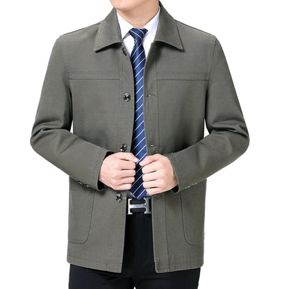 Men's Middle-Aged Cotton Jacket Spring Autumn Lapel Trench Coat Large Size with Buttons Fashionable Classic Outerwear
