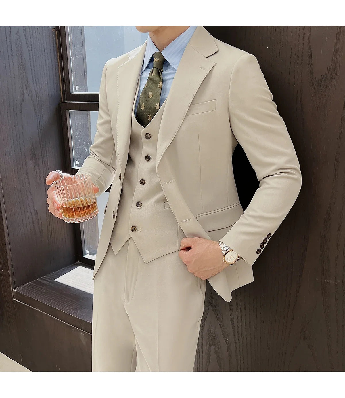 ( Jacket+Vest+Pants ) ltalian Style Luxury High-end Fashion Solid Color Mens Business Slim Suit 3Piece Set Groom Wedding Tuxedo