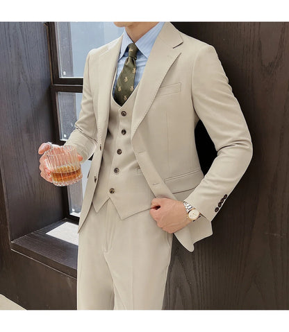 ( Jacket+Vest+Pants ) ltalian Style Luxury High-end Fashion Solid Color Mens Business Slim Suit 3Piece Set Groom Wedding Tuxedo