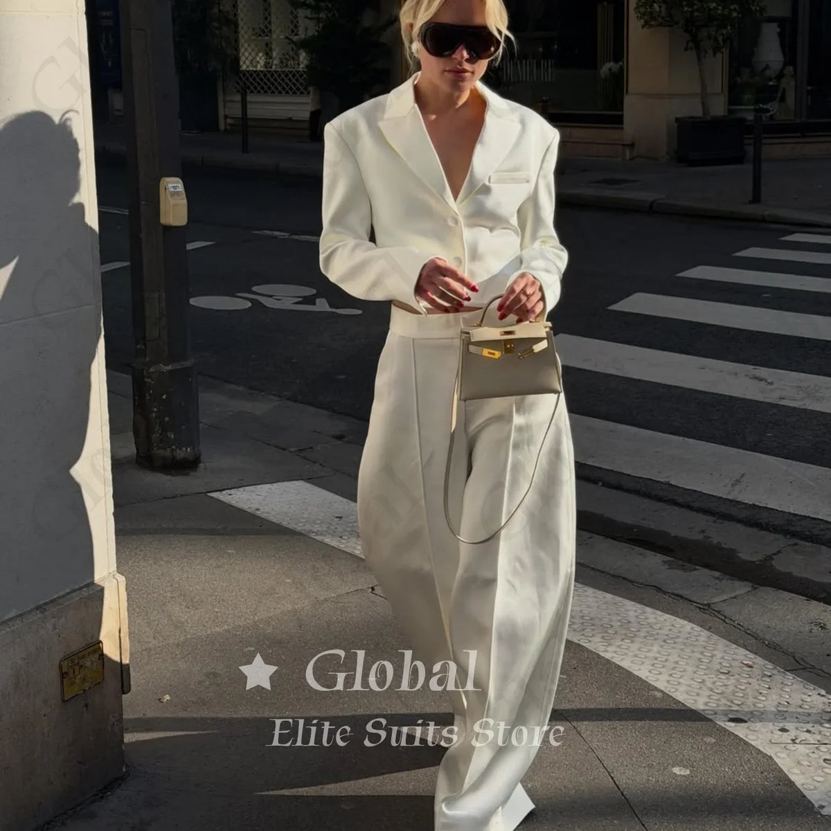 Women White Cropped Blazer 2 Piece Suit Backless Cutout Satin Wide Leg Pants Set Party Wedding Streetwear Formal Customized