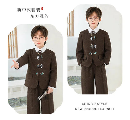 90-160 Kids New Chinese Tang Suit Hanfu Embroidery Suit Flower Boys Host Recitation Performance Costume