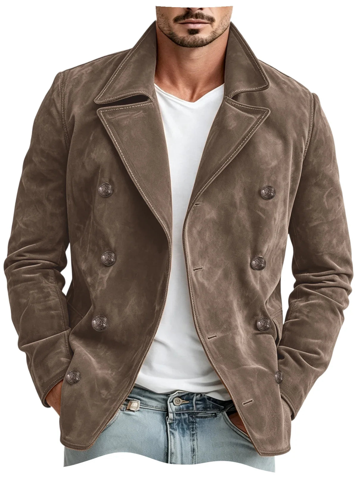 Men Faux Suede Jacket Double Breasted Lapel Collar Casual Blazer Vintage Comfort Business Office Autumn Winter Fashion Male Coat