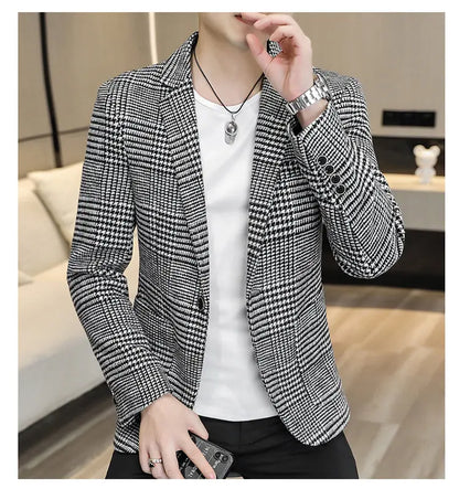 Men's Slim Fit Blazer Single Breasted Plaid Smart Casual Suit Jacket