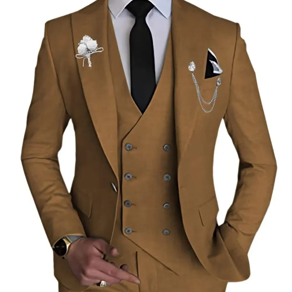Elegante Conjunto de Traje Azul para Hombre de 3 Piezas: Chaqueta, Pantalones y Chaleco, Corte Entallado, Solapa de Muesca, Alta