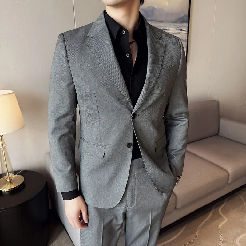 Men's bird's eye pattern high-end craftsmanship summer thin suit set, two-piece wedding banquet business casual suit