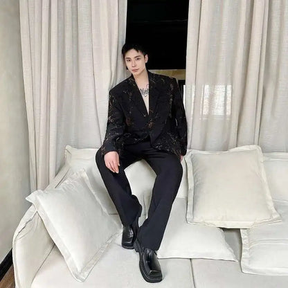 Jacquard Design Casual Suit Jacket High Street Personalized Stylish Loose Blazers Coat Elegant Korean Men Clothing LZ5013