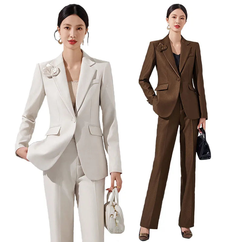 Women Blazer Pants Sets Apricot Appliques Two Pieces 2024 Autumn Work wear Trousers Formal Solid Color Long Sleeve Tops Pantsuit