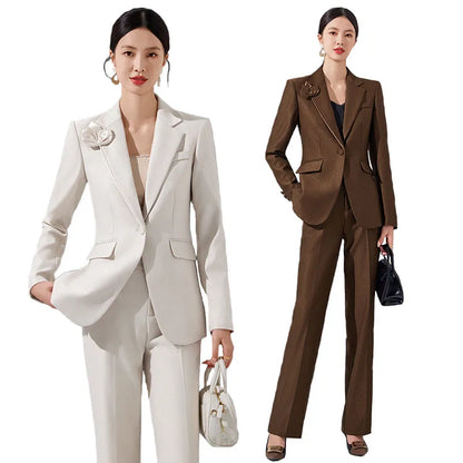 Women Blazer Pants Sets Apricot Appliques Two Pieces 2024 Autumn Work wear Trousers Formal Solid Color Long Sleeve Tops Pantsuit