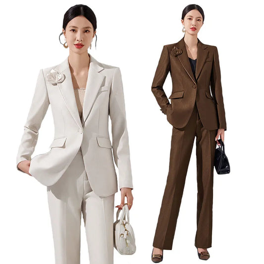 Women Blazer Pants Sets Apricot Appliques Two Pieces 2024 Autumn Work wear Trousers Formal Solid Color Long Sleeve Tops Pantsuit