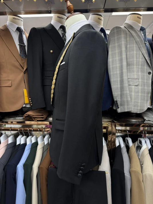 Dazzling Golden Beaded Suit Jacket Man 3 Pieces Wedding Groom Outfit Elegant Confident Peak Lapel Men's Suits Dancing Wear