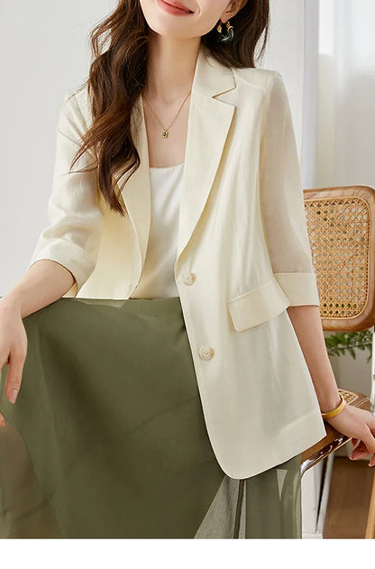 Casual Lyocell Suit Blazers Women 2026 Autumn Fashion Transparent Lightweight Three Quarter Sleeve Office Ladies Blazers