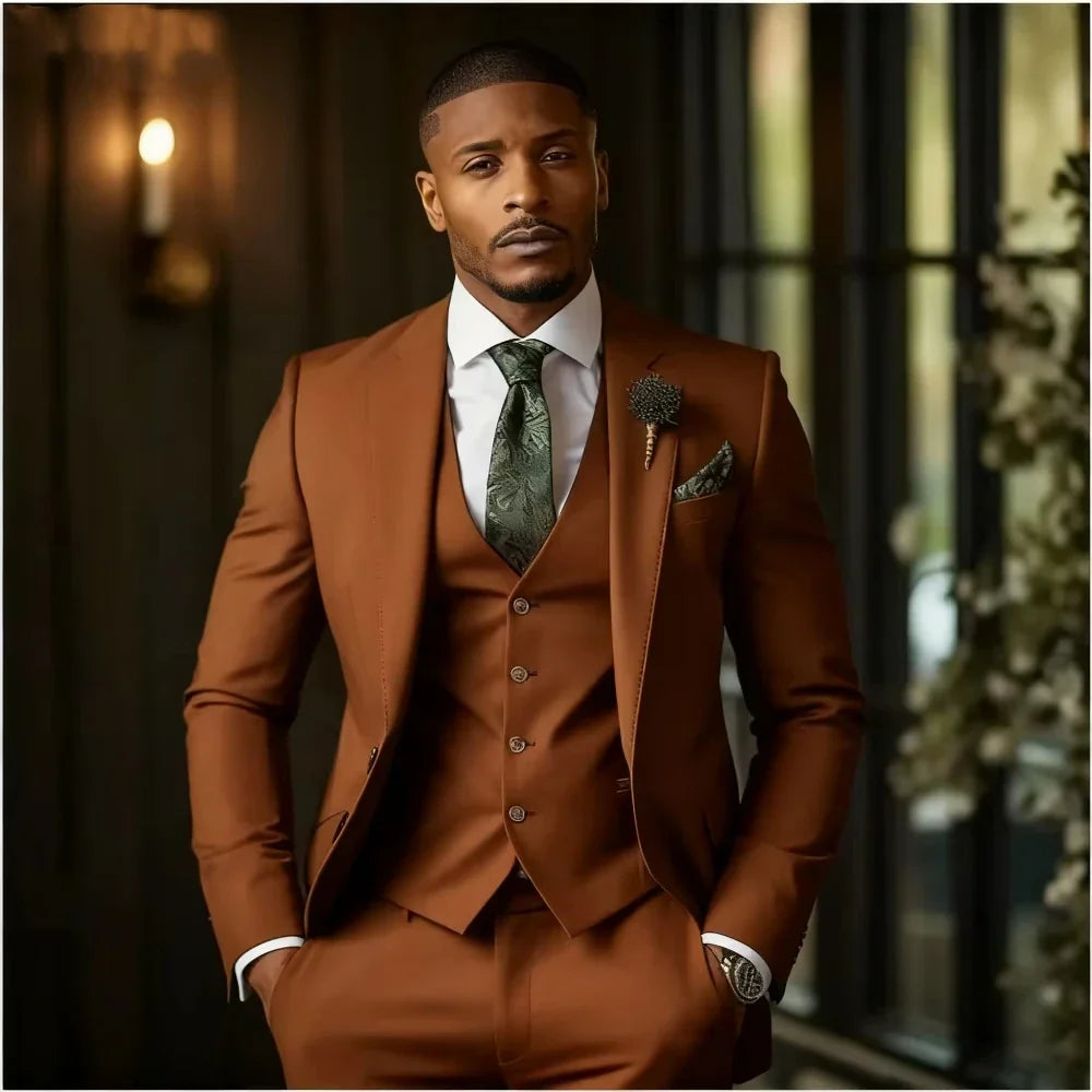 Luxury Solid 3-Piece Men's Tuxedo Suits Slim Fit Single Breasted Blazer Vest And Pants Set for Prom Wedding Business Men Clothes